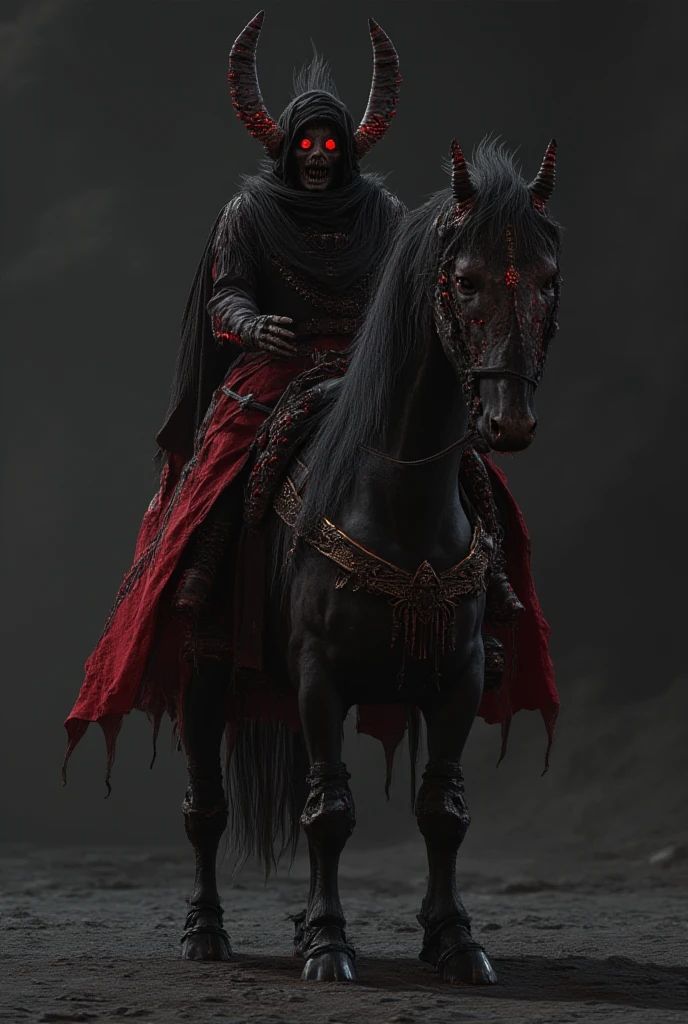 Evil Male wearing black and red baggy clothes  black around eyes black iris eye background Wood's Riding a Demonic horse  with red eyes spike main on ground  black spikey hair High quality amazing detail realistic 3D real character style extremely detailed