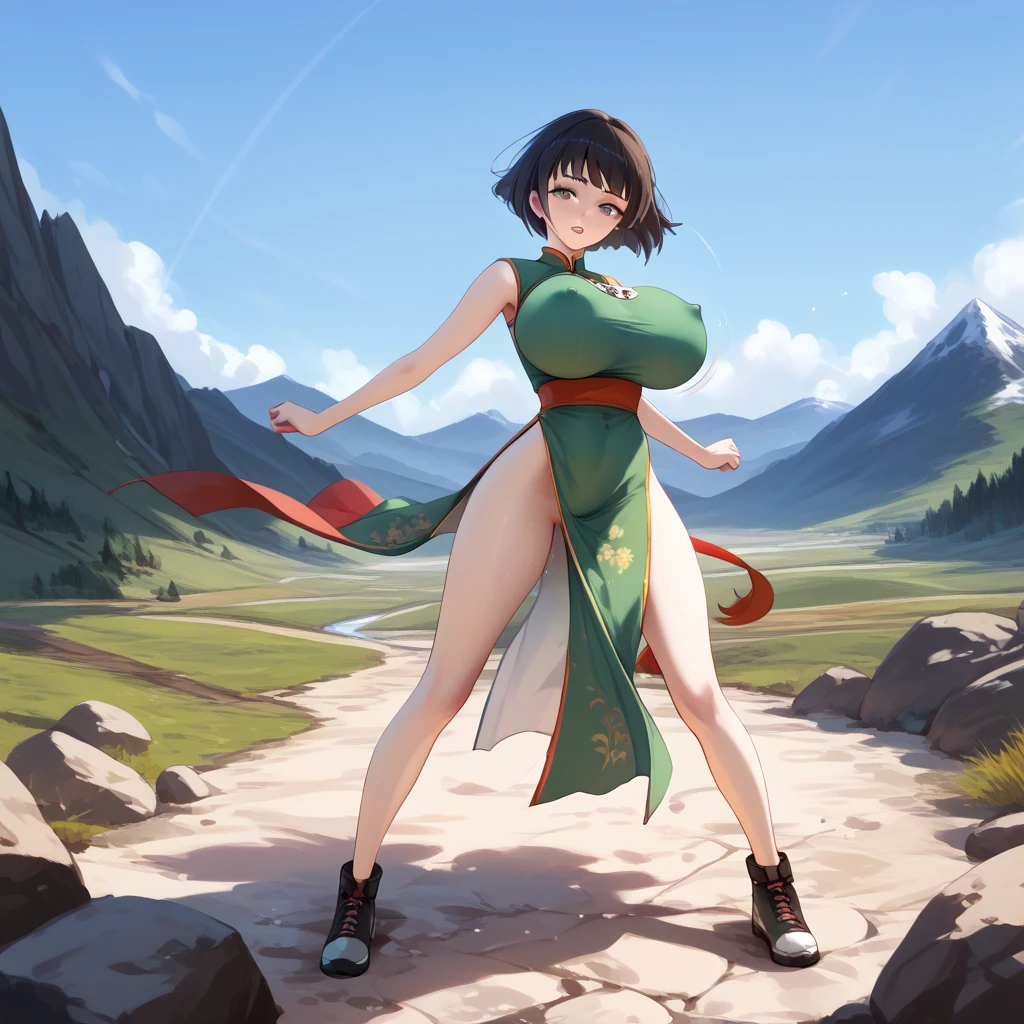 landscape, mountain, BREAK, skinny, (1 ite girl standing), fighter_dq3, (bouncing large breasts), (open legs), looking at viewer, BREAK, black short hair, (large breasts), bursting breasts, (too short torso), (too short waist), (too narrow waist:1.2), small stomach, skinny legs, (very long legs), BREAK, (green chinese dress), bared long legs, bottomless, slit, BREAK, nsfw, pussy juice, coverd erectile nipples