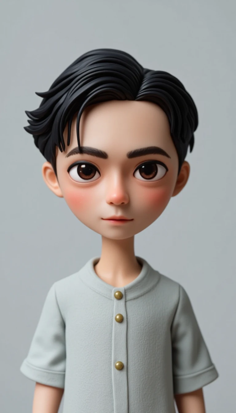 white skinned boy with freckles, short straight tousled dark brown hair, dark brown eyes, with a pink cardigan and details of white stars, blythe doll man