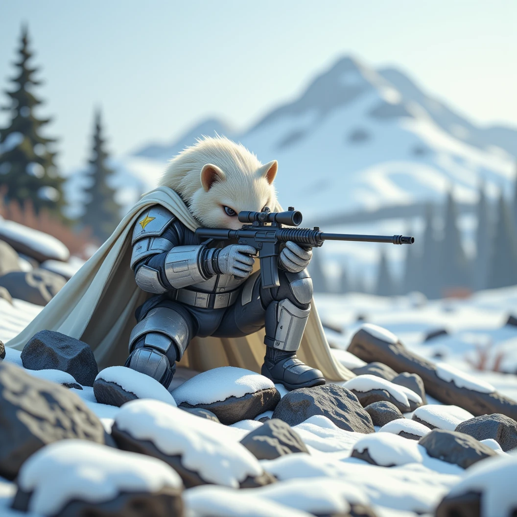 Large, Muscular, snow-white hedgehog soldier, donned in modern snow camo armor with a white cape. Surrounded by fallen trees and rocks, keeping him camouflaged. Dynamically laying flat on his stomach in a prone position. Looks through the scope of his long sniper rifle to line up his shot. His breath is visible in the cold. Snow has fallen on to his back, creating more camouflage. The name "CLT Hedgehog" etched on the shoulder of his armor, identifying him to his troops. Snow covering his back. Behind him is a snow-covered mountain. The hedgehog waits in complete silence, focused on not missing his shot. Snowing atmosphere. High Resolution, Masterpiece, Hyperdetailed, Depth Of Field, Image Fill, Floating particles, Character Design, Conceptual Art, Digital Art.