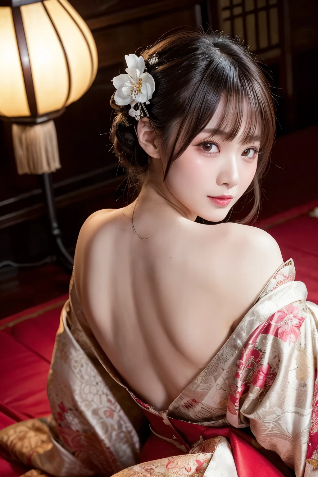 an elegant courtesan, in a lavish brothel room, dim light, folding screens, warm lantern lights, scattered flower petals, wearing a vibrant kimono with luxurious embroidery, lying on the back at the futon gracefully, a seductive smile, mouth half open, face and jaw pointing upwards, blushing, wearing traditional Japanese hairstyle adorned, with ornamental hairpins and flowers, holding a folding fan, refined sensuality, captivating presence, beautiful white-colored translucent skin, glamorous figure, alluring, glossy face, heavy and vivid makeup, begging expression, a blank look, eyes are hollow, angle looking down from above, shot from directly above, {realistic photo style}, {cinematic}, {dramatic}