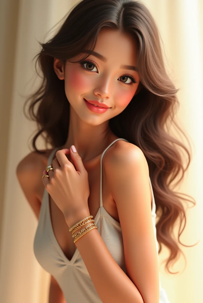 chica muy hermosa, desnuda, senos, con pelo largo y rojo, sonriente, diosa, con joyas diamantes oro