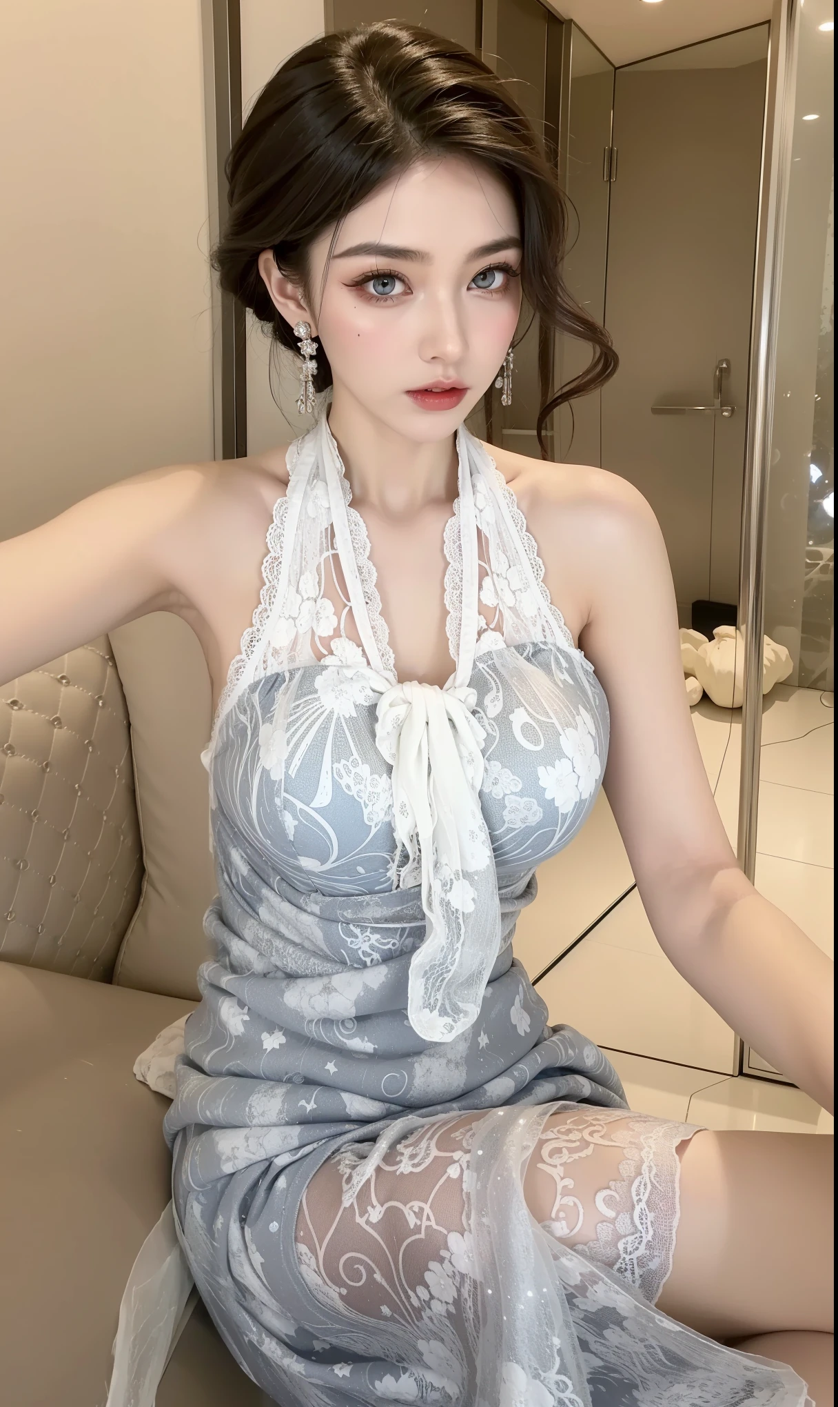 big breasts,colorful dress, ((full body)), ((from below)), yushuxin,1girl,solo, ((Stand up, against the ledge)), ((leaning forward)), ((Clear features, clear faces, clear faces)), red lips, makeup, close-up shot, elegant posture, enticing pose, perfect curves, slim, sexy, big breasts, cleavage, beautiful legs, mesmerizing gaze, biting lips, messy long hair, simple casual scene, extremely detailed, ultra-clear, best quality, official art, exquisite earrings, delicate necklace, extremely detailed description, super fine painting, exquisite features, Elegant, beautiful, hyperfine details, master works, authentic texture, cinematic lighting realism, Masterpiece, best quality