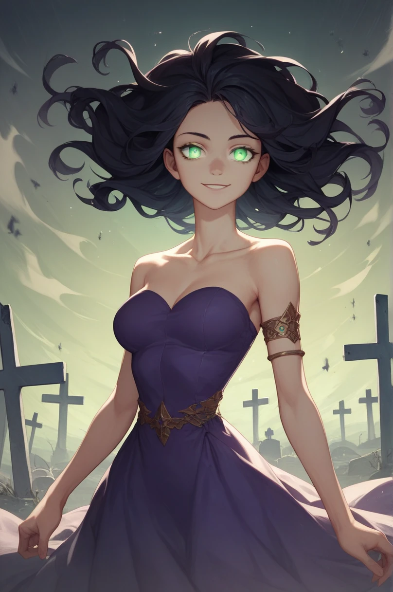 high resolution, highly detailed, perfect lighting, beautiful detailed eyes,   ((masterpiece,best quality)), absurdres, solo,   glowing eyes, (A (severus snape's daughter:(european girl,black hair, green eyes)) topknot, flipped hair, collarbone, purple dress, stitches, multicolored dress, armlet, smile, looking at viewer, cowboy shot, medium breasts, curvy, narrow waist,  graveyard, floating fires,  