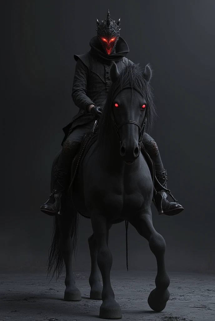 Evil Male wearing black baggy clothes  black around eyes black iris eye background waste land dark Riding a Demonic horse  with red eyes spike main on ground  black spikey hair High quality amazing detail realistic 3D real character style extremely detailed