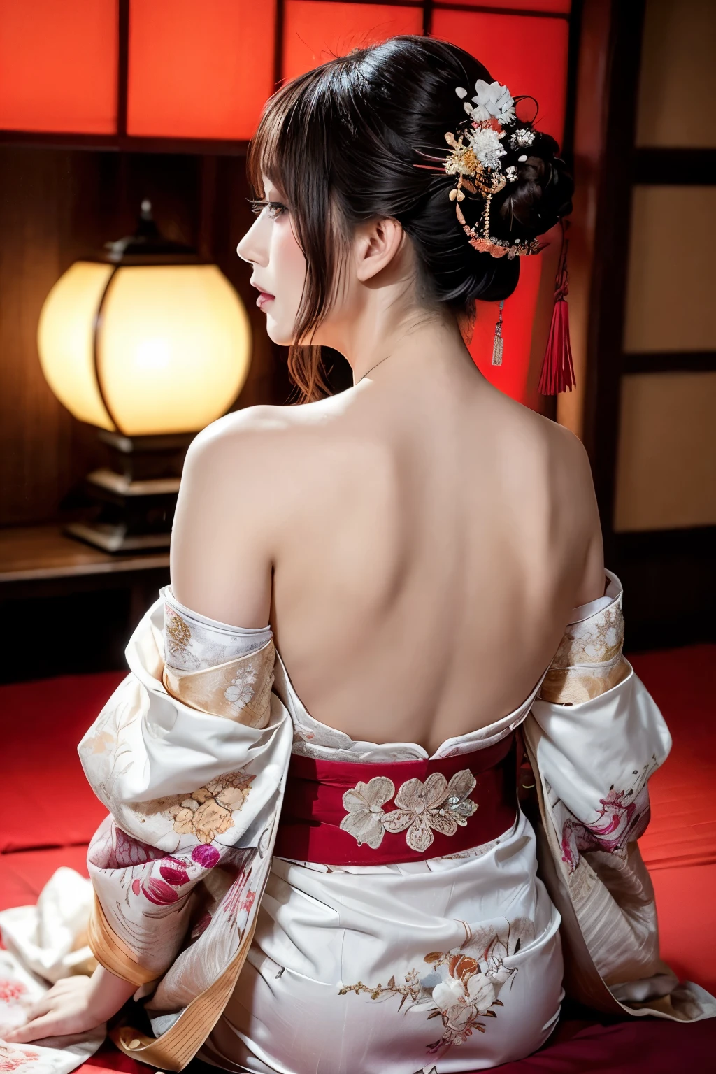 an elegant courtesan, in a lavish brothel room, dim light, folding screens, warm lantern lights, scattered flower petals, a vibrant kimono with luxurious embroidery, sitting down at the futon, back view, clothes come undone, exposing shoulder and back, wearing traditional Japanese hairstyle adorned, with ornamental hairpins and flowers, captivating presence, beautiful white-colored translucent skin, tall slendar figure, glossy face, heavy and vivid makeup, begging expression, a blank look, sweaty body, angle looking down from above, shot from her back side, {realistic photo style}, {cinematic}, {dramatic}