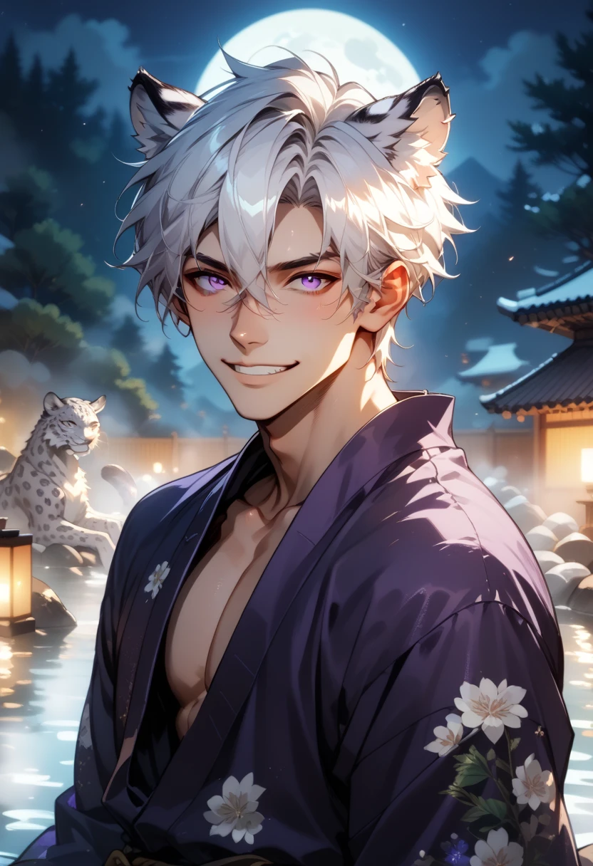 score_9, score_8_up, score_7_up, score_6_up, solo focus, 1man, short white hair, hair between eyes, purple eyes, mischievous smile, head tilt, white leopard ears, white leopard tail, purple kimono, long kimono, open kimono, at an onsen, hot springs, night time, full moon, dynamic lighting, posing, traditional japanese