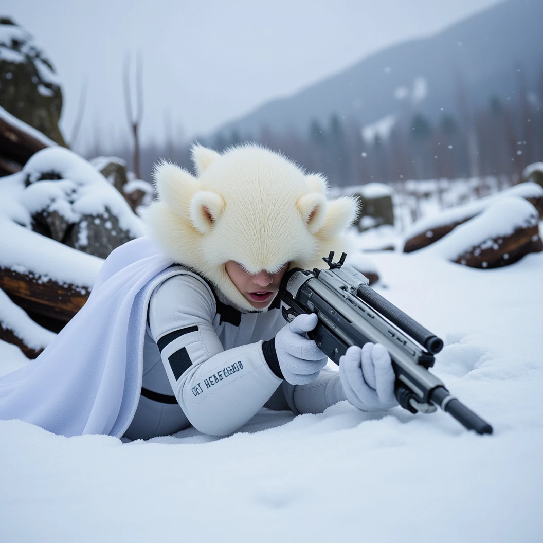 Large, Muscular, snow-white hedgehog soldier, donned in modern snow camo armor with a white cape. Surrounded by fallen trees and rocks, keeping him camouflaged. Dynamically laying flat on his stomach in a prone position. Looks through the scope of his long sniper rifle to line up his shot. His breath is visible in the cold. Snow has fallen on to his back, creating more camouflage. The name "CLT Hedgehog" etched on the shoulder of his armor, identifying him to his troops. Snow covering his back. Behind him is a snow-covered mountain. The hedgehog waits in complete silence, focused on not missing his shot. Snowing atmosphere. High Resolution, Masterpiece, Hyperdetailed, Depth Of Field, Image Fill, Floating particles, Character Design, Conceptual Art, Digital Art.