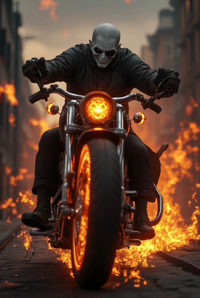 Evil man riding a motorcycle with flame tires holding a gun aiming shooting pale white skin iris black eyes background dark streets on fire High quality amazing detail realistic 3D real character style extremely detailed 