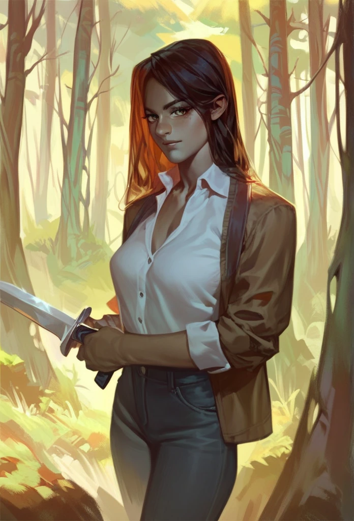  fair-skinned woman, Wearing a brown dress shirt,  black jeans .  long brown hair.  holding a machete .  in the forest