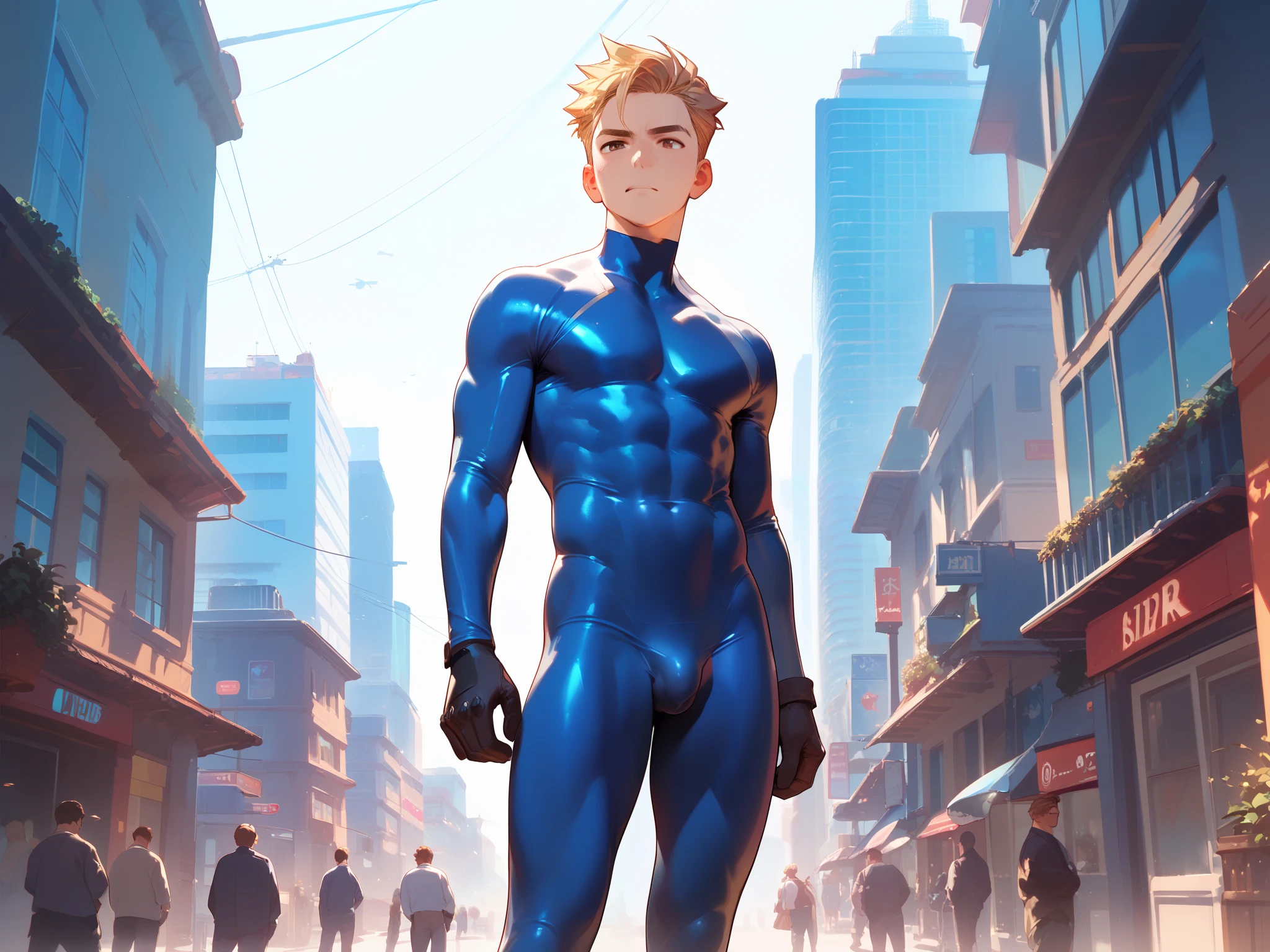 super hero boy in a tight body suit, saving people in a city, the suit is almost see through, naked skin and visible outline of his flaccid penis through the suit