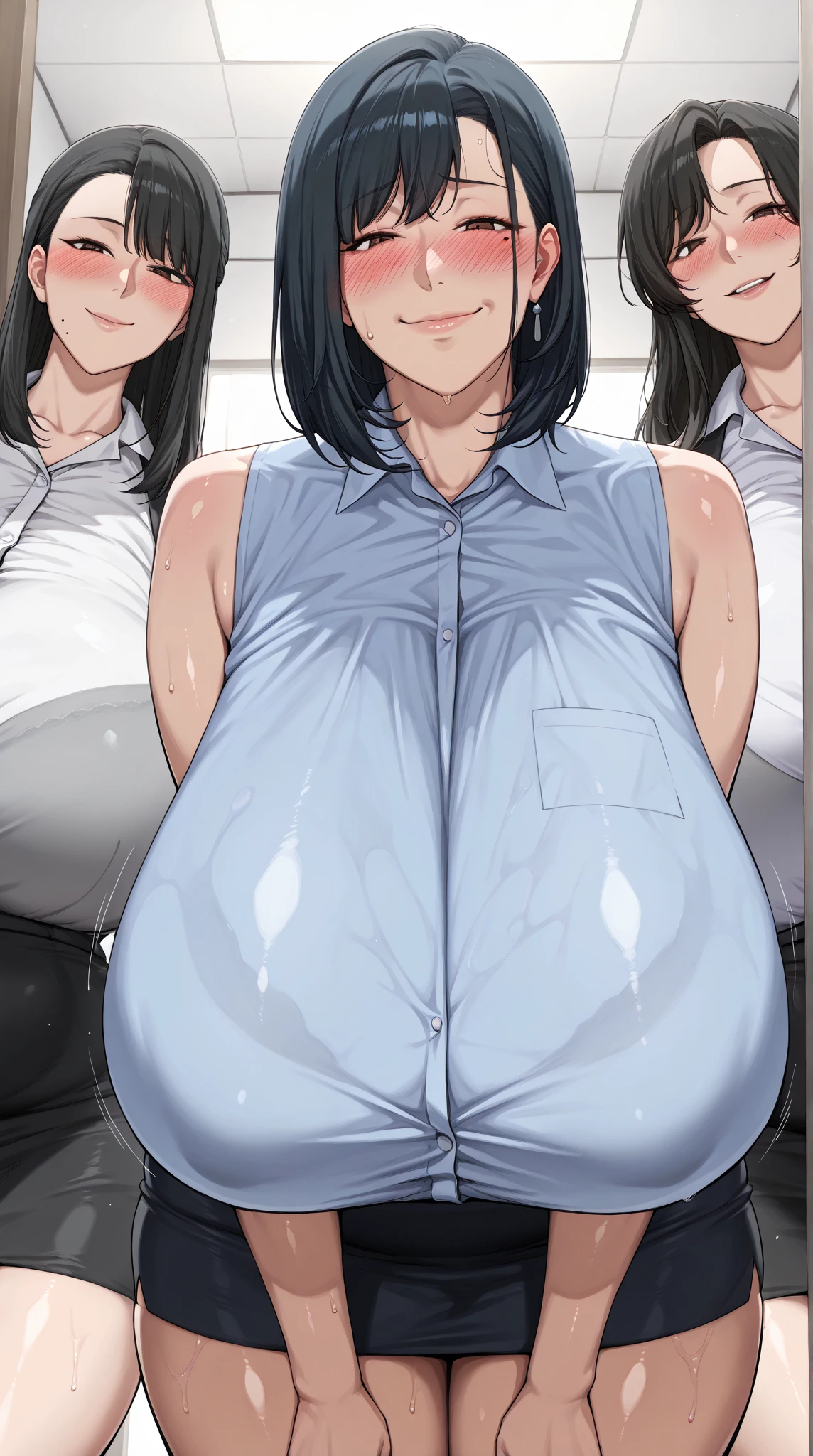 Score_9, Score_8_up, Score_7_up, Score_6_up, Score_5_up, Score_4_up, Source_real, tag1, tag2, Quality_masterpiece, Anatomically correct, Realistic, 3 women, 3 women are standing side by side, Japanese girls, Gigantic breasts, gigantic breasts bigger than face, extreamly huge and fat thighs, meatybody, Oily skin, Medium hair, Black hair, Air bangs, Asymmetrical bangs, Sidelocks, Mole under eye, Seductive smile, Naughty face, Embarrassed, Blush, Shy, Drunken eyes, Looking pleasured BREAK Rating_explicit, wearing office lady wear, sleeveless, ultra mini skirt, 3 women are entering my small room, closed door, looking down viewer, view from below, close-up upper body,  and get out of the screen, at office