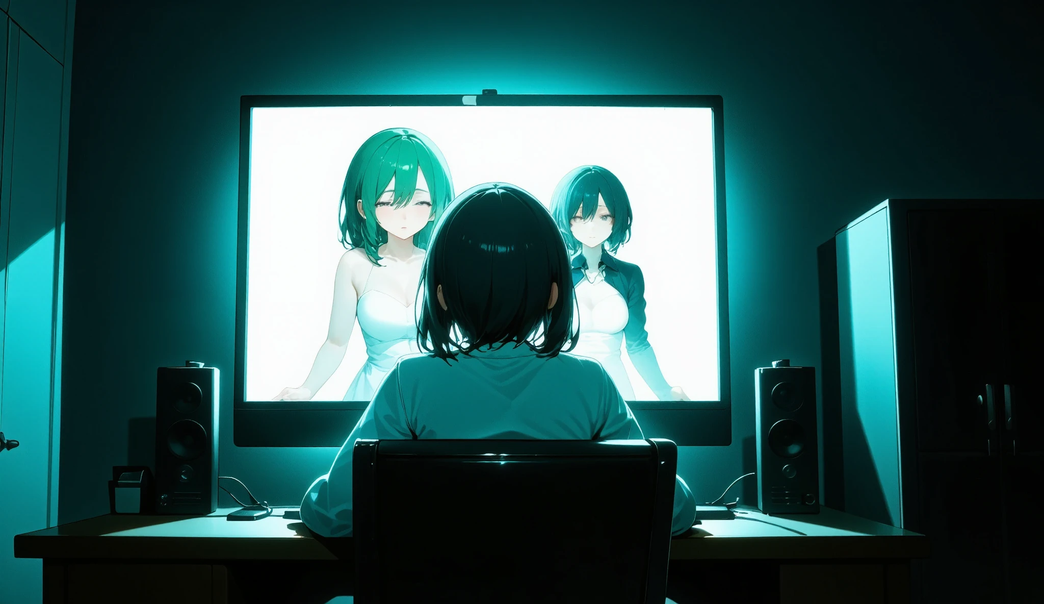 **Prompt:**
**Scene Setting:**
- **Time:** Late at night, the room is dimly lit.
- **Location:** Protagonist's room, sitting in front of a computer.
- **Lighting:** The room's lighting is dark, with the monitor light as the main source of illumination.
**Characters:**
- **Protagonist:** Back facing the viewer, with black hair, staring at the monitor.
- **Characters on the Monitor:**
- **Character A:** Green hair, twin-tails, wearing a white outfit, reaching hands towards the screen.
- **Character B:** Long black hair, face obscured by shadows, wearing a white outfit, reaching hands towards the screen.
**Actions:**
- **Characters A and B:** Extending their hands from within the monitor, as if pleading or reaching out.
- **Protagonist:** Appears surprised or deep in thought.
**Atmosphere:**
- **Emotion:** Eerie, mysterious, with a touch of fear.
- **Theme:** Boundary between reality and virtual, loneliness, the depths of the internet.
**Detailed Description:**
- **Monitor:** Large screen with the characters inside appearing very real.
- **Room Setting:** Dark room with the monitor's light reflecting off the protagonist's face and body.
**Color Tone:**
- **Tones:** Dark teal tones dominating, with white light from the monitor.
This scene portrays a situation where, in the dead of night, someone alone with their computer encounters something emerging from the monitor. The focus of the story could be on what Characters A and B are seeking and how the protagonist reacts to this eerie encounter.