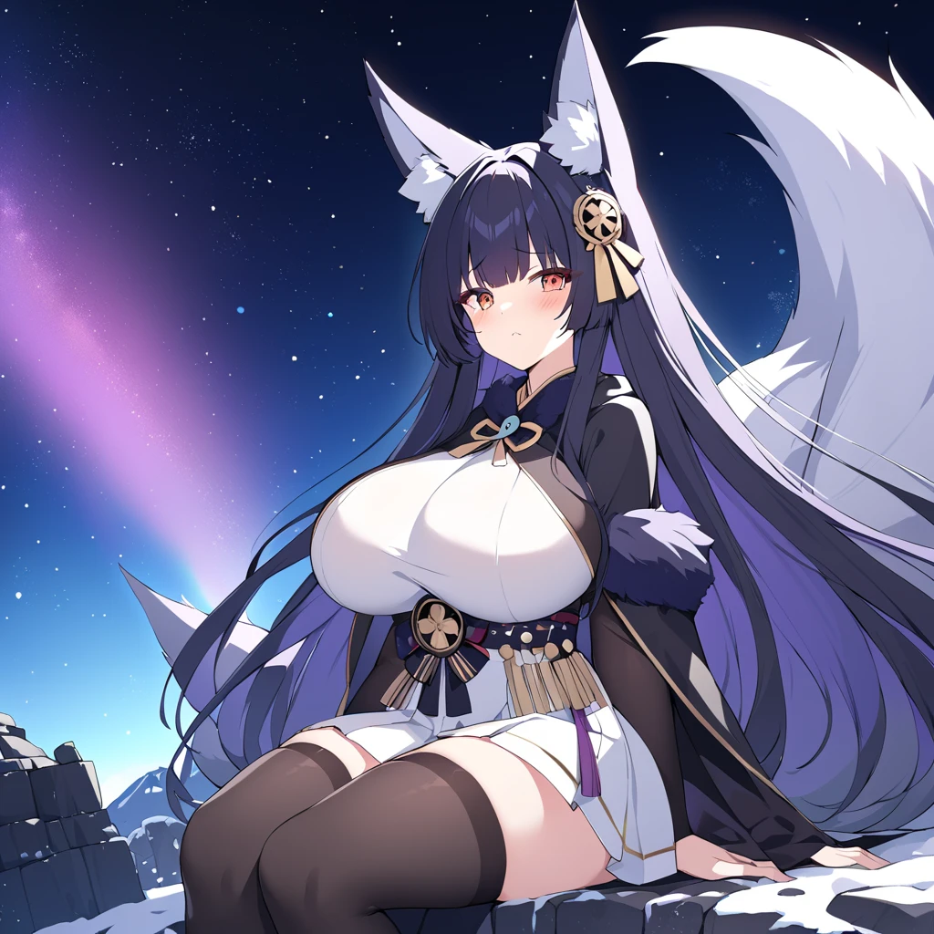 A woman, with dark purple hair, kitsune ears, wearing a detailed dark purple short skirt kimono, on a mountain in a sky full of purple rays.