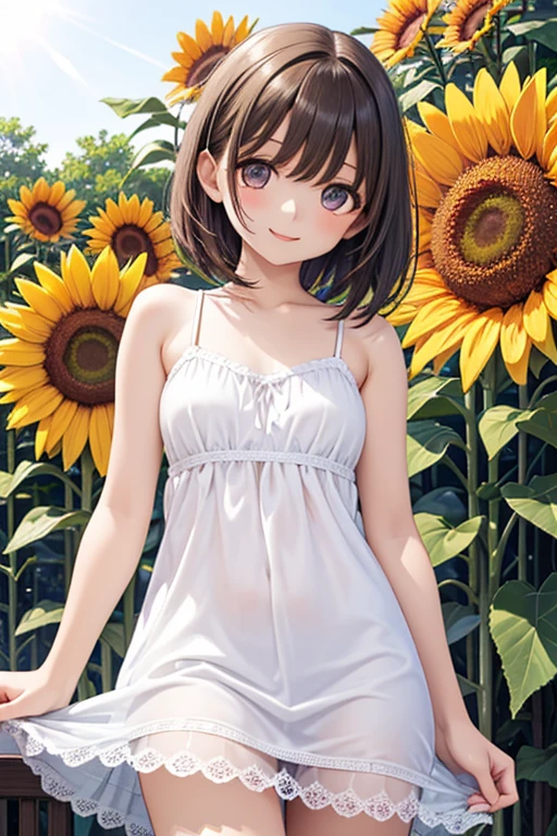 a littlegirl in naked standing in a field of sunflowers, sunflower, 1girl, flower, solo, breasts, navel, outdoors, blurry,, hair flower, hair ornament, looking at viewer,, cleavage, smile, blurry background, bangs,naked, cowboy shot, collarbone, sky, choker, yellow flower, holding flower, holding,((((kiddie )))),twintail, Beautiful girl in dress with sunflower in hand, Sunflower, 1girl in, Solo, flower, Outdoors, Dress, White Dress, Holding, Looking at Viewer, skyporn, Blue eyes, day, 鎖骨, breasts, field, Bangs, blush, Short hair, Black hair, Closed mouth, Holding flowers, frilld, Blue sky, frilly dress,See-through,Lace embroidery,Mischievous smile,grin,Mischievous grin,