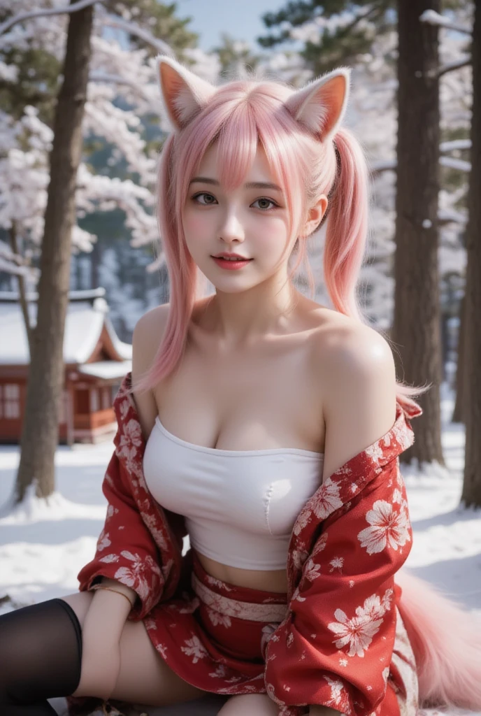 hyper Realistic, ultra detailed, best quality, absurdres, 1girl, young woman, smile, white pointed ears, pink color ponytail hair, wearing a white tubetop, bare shoulder, To put on a beautiful red kimono, slit skirt, tights high, black boots, bushy fox's tail, sitting, thighs, detailed realistic skin texture, fine-textured skin, shiny skin, realistic shading, natural huge breasts, people, background japanese shrine, snowy landscape, fun atmosphere, lively atmosphere