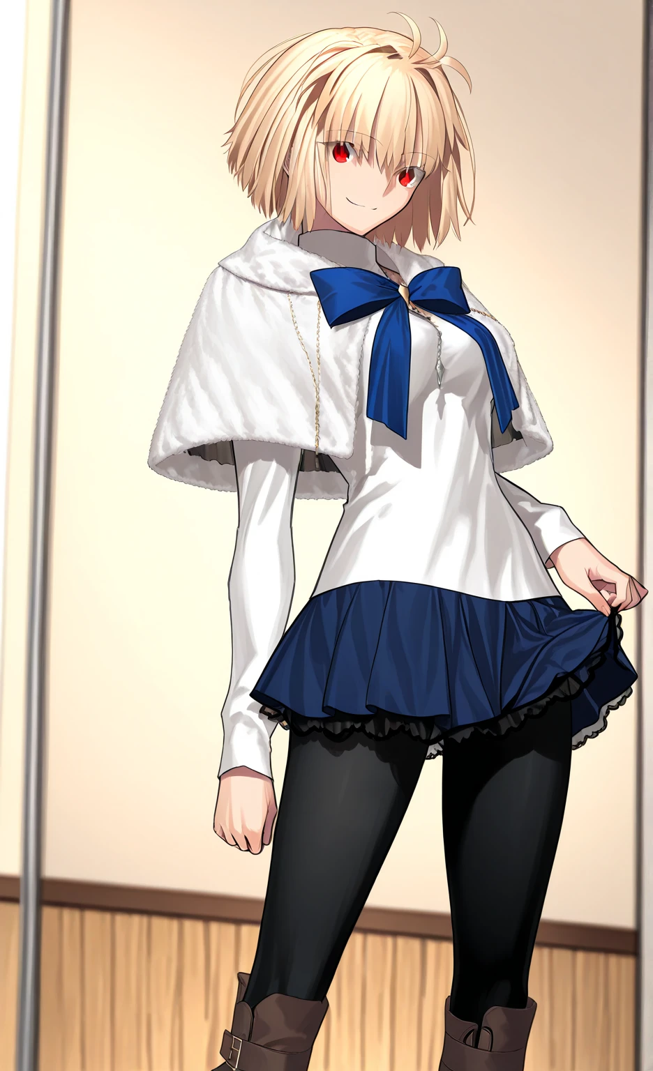 Arcueid\(Tsukihime\)、  1 girl 、arcdefault  、  red eyes、  blond hair、  Turtleneck Sweater  、  skirt  、  pantyhose 、  boots、 ARCDATE、  red eyes、  blond hair、 comment、 capelets、太もも  boots、 Arcueid Brunstad - Tsukihime Remake - Tsukihime -( top quality)、 ( Nonsense)、 (  very detailed )、 (  very beautiful holding ) Information Top Quality 、 Ultra-fine、 most HD 、  very detailed 、 masterpiece、  top quality、 {{  Beautiful Face and Eyes Down the Small Detail  }} Smile Lace Lift Black Lingerie、Tuck Up Your T Shirt 、 skirt をたくし上げ、Expressions of disdain and disgust 、