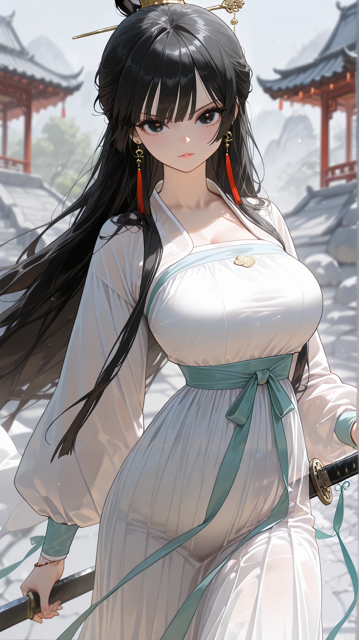 anime, (masterpiece, high resolution, 2k resolution, very detailed), frontal, (1 woman, perfect face),(black long hair),black eyes, Single eyelid, monolid, (white chinese hanfu, white top, white long skirt), front view, korean beautiful girl, wearing sword