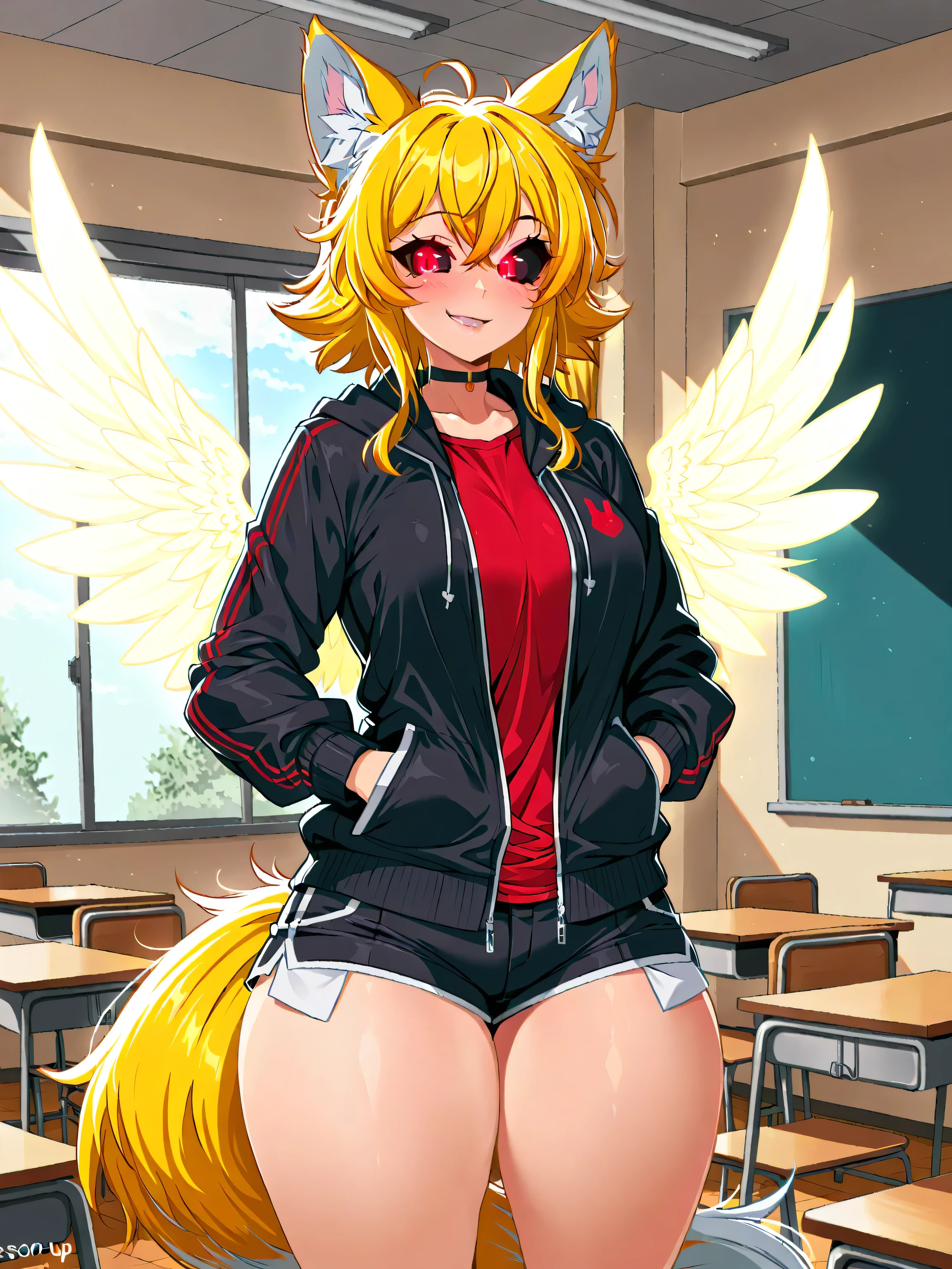 black sclera, school background, solo, angelic wings, ,medium breats, short, large thighs, innocent smile, adult, female, short blonde hair, blonde wolf ears, blonde wolf tail, red eyes, black jacket, red shirt, black shorts, hands in pockets, (masterpiece), best quality, expressive eyes, perfect face, ,score_9, score_8_up, score_7_up,source_anime,BREAK