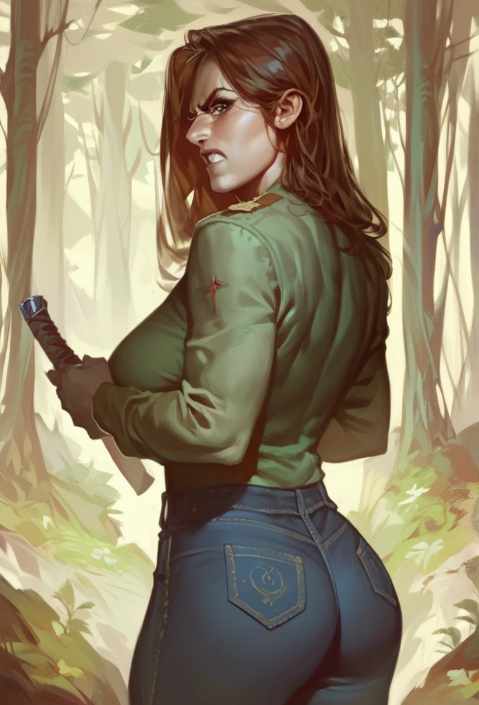  fair-skinned woman, muscular. milf. Wearing a military shirt,  black jeans .  long brown hair.  holding a machete .  in the forest.  Angry expression.  looking back. 