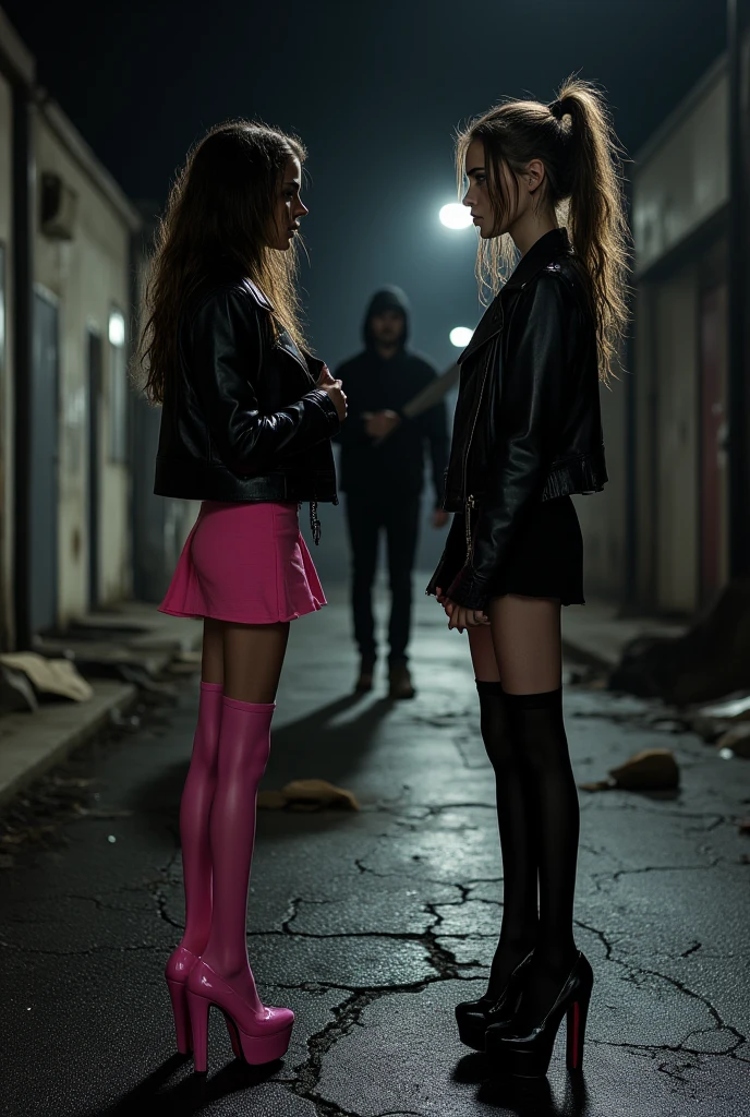 A realistic cinematic depiction of two beautiful young skinny aorexic women, aged  to 19, standing together on a deserted dark Back alley at night, the back alley are full ov trash and trashcans, the girls have  super long skinny anorexic legs, long over the knee silk stockings, (short revealing skintight latex micro dresses—one in vibrant bright pink—each paired with a casual biker leather jacket draped over their shoulders). Their super tall platform 25inch high heels on cracked asphalt, but their focus is elsewhere. Their faces are etched with visible fear and anxiety. One woman is clutching her jacket tightly around her chest, her wide eyes staring into the distance, while the other looks over her shoulder, her mouth slightly open as if gasping or about to scream. Their hair is super long and slightly tousled from the cold night breeze—one with loose waves and the other in a long messy ponytail. The back alley is dimly illuminated by a flickering streetlight, casting harsh shadows across the ground. Behind them, deep in the shadows, looms the faint silhouette huges man in black clothing and huddie over his head, he is holding a big knife, barely visible through the fog but undeniably menacing. The atmosphere is thick with tension and foreboding, as the women,s vulnerability contrasts sharply with the silent, oppressive darkness surrounding them."