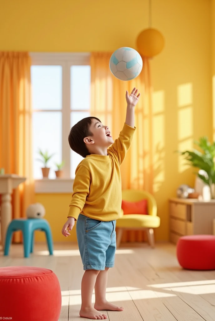 A young boy, about 5 years old, is shown playing football with plastic ball, . The background includes a simple hallway in an apartment, with a white wall and a closed door behind them.