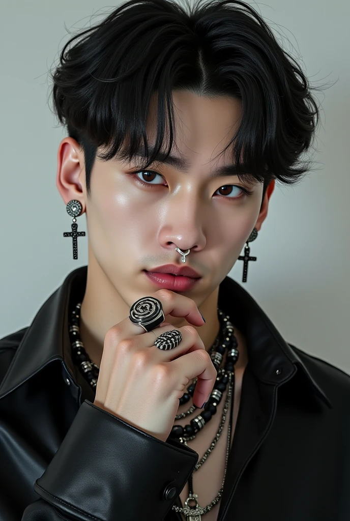 The man has a tattoo on his chest and a necklace around his neck., Hyunjin, ฮวัง Hyunjin, Smart Ulzzang, Cute Japanese Demon Boy, Hyunjin, ฮวัง Hyunjin from Stray Kids face, Crossed beads on bare chest, The Beauty of Jinyoung Shin