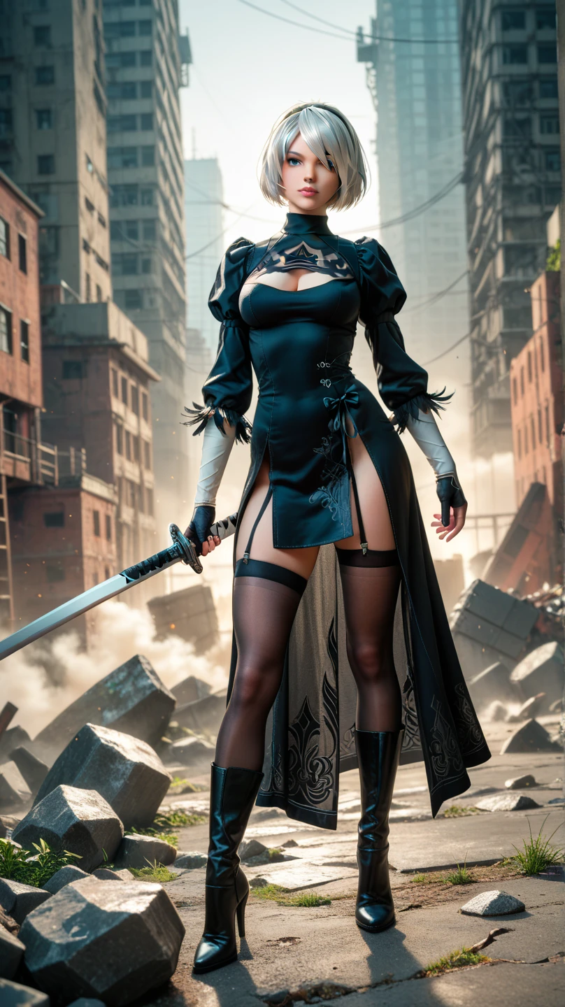 Camera from below, Looking Up, Standing in a clearing, stands, Long Japanese Sword Behind His Back, Flying robot behind, Rectangular robot in the shape of a box, Camera from below, Frame from below, shapely legs, Black Short Skirt, voluminous short skirt,,, stands on the edge of a clearing, White Hair Bob, ashy hair, The eyes are covered with a bandage, Cyan eyes, black dress with a short skirt, short black skirt, neckline on the chest, black stockings, high black boots, high-heeled boots, very extremely beautiful, Small firm , Slender figure, Full-length(Body Full 1.1),Game nier automata, ruined city, woods, overgrown with plants, Ruins, high detail official illustrations, ((beautiful fantasy girl)),Red Small Breasts,easts are stiut from under her clothes, BREAK (Master Part: 1.2), Best Quality, High Resolution, photorealestic, photogenic, Unity 8k壁纸, (illustartion: 0.8), (Beautiful detailed bluish-gray eyes: 1.6), extremely detailed face, perfect lighting, extremely detailed CGI , (perfect arms, perfect anatomy), A girl with perfect breasts, beatiful facer study, intricate details, Detalhes realistas, the anime, (Based on nier automata) the perfect body, The Perfect Girl, perfect details, Ultra HD |, 8K, Professional photo, Anime Style 2B,