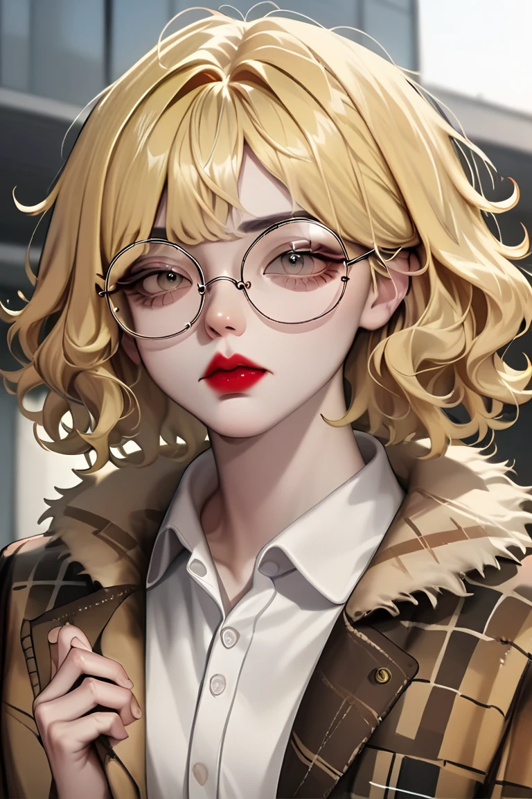 (hand painted), sharp eyes, round glasses, (yellow hair, wavy hair), korean, lipstick, bob cut hair, flannel jacket, fur coat, arrogant, prideful, honey eyes, white shirt, (reporter)