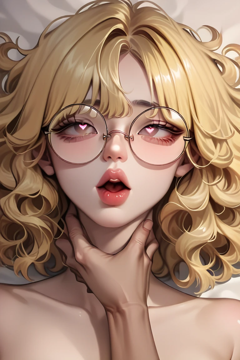 (hand painted), sharp eyes, round glasses, (yellow hair, wavy hair), korean, lips, bob cut hair, arrogant, prideful, honey eyes, in bed, moaning, heart pupils, naked