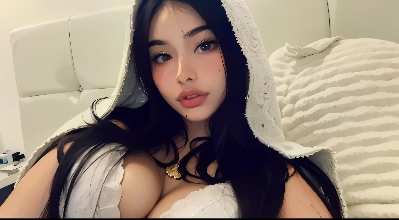 A hot young beautiful woman standing on a snowy hill where the whole place is covered with snow, she is wearing a white color fur coat zip open, big breasts, cleavage, varied poses