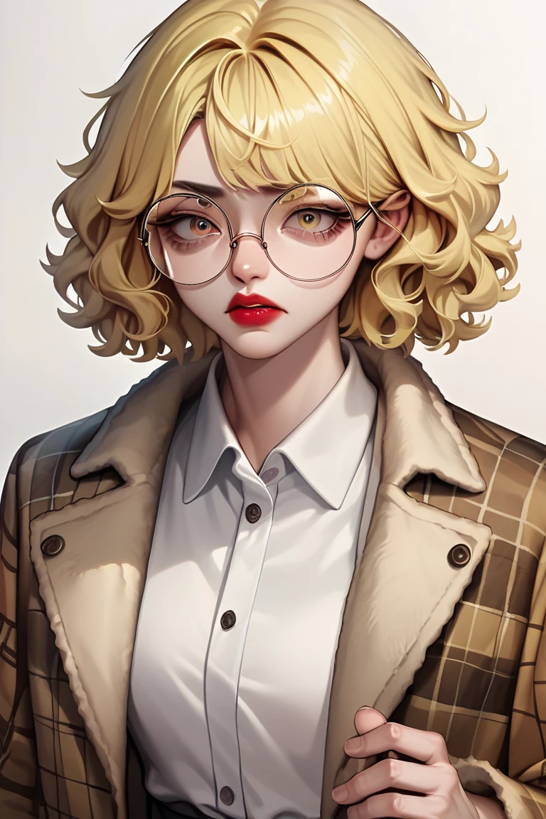 (hand painted), sharp eyes, round glasses, (yellow hair, wavy hair), korean, lipstick, bob cut hair, flannel jacket, fur coat, arrogant, prideful, honey eyes, white shirt, (reporter)