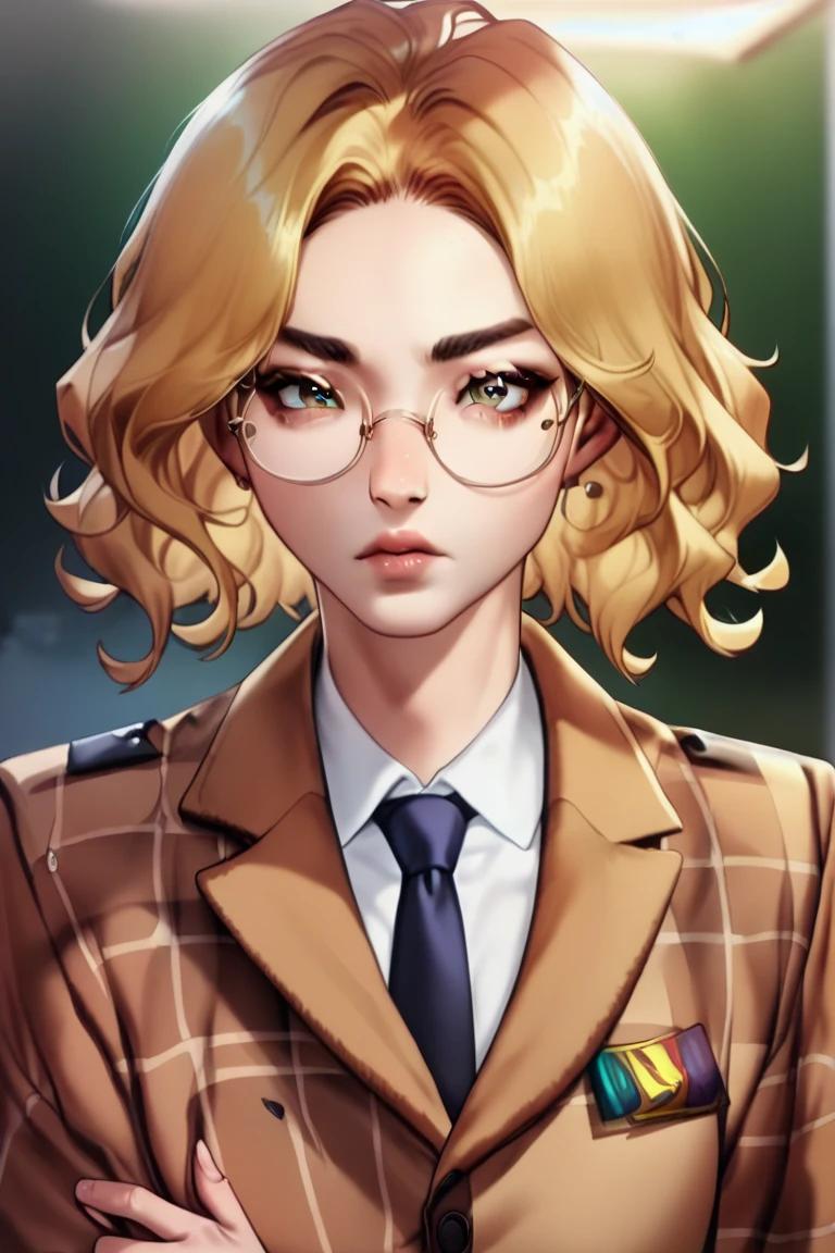 (hand painted), sharp eyes, round glasses, (yellow hair, wavy hair), korean, lips, bob cut hair, flannel jacket, fur coat, arrogant, prideful, honey eyes, white shirt, (reporter)