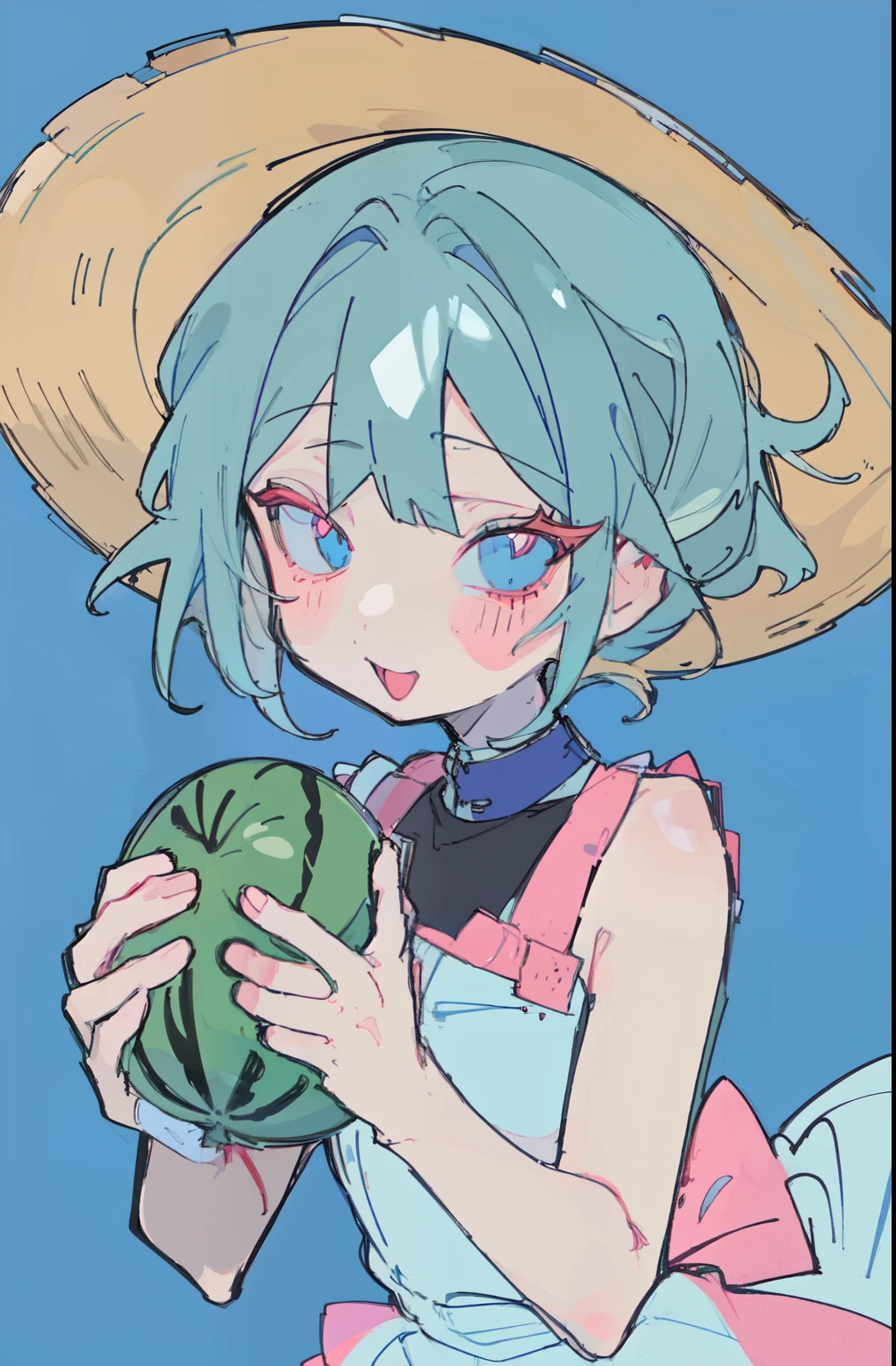 anime girl in straw hat eating a slice of watermelon ,  The material is !!! watermelon !!!, guweiz,  high quality anime style art ,  Carrying a melon , Anime visual of a cute girl,  made with anime painter's studio , beautiful anime artwork,  art style makoto shinkai  ,  anime wallpaper , kuvshinov ilya, Artwork in the Guweiz style
