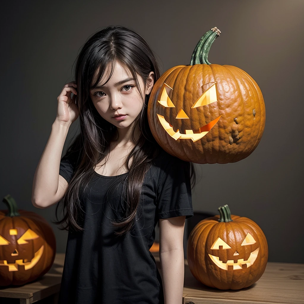 portrait, photo of Japanese girl, focus on the eyes, 1girl, long hair, super light brown hair, slim body shape, high contrast, detailed eyes, detailed hair, Position your eyes closer to your nose, 20yo, 

perfectly detailed and intricate zombie make-up:1.5, wearing black cape with bats printed on it over orange top, witch hat on head, gothc, enjoying sombi make-up at party venue, howling eerily holding a glowing jack-o-lantern,