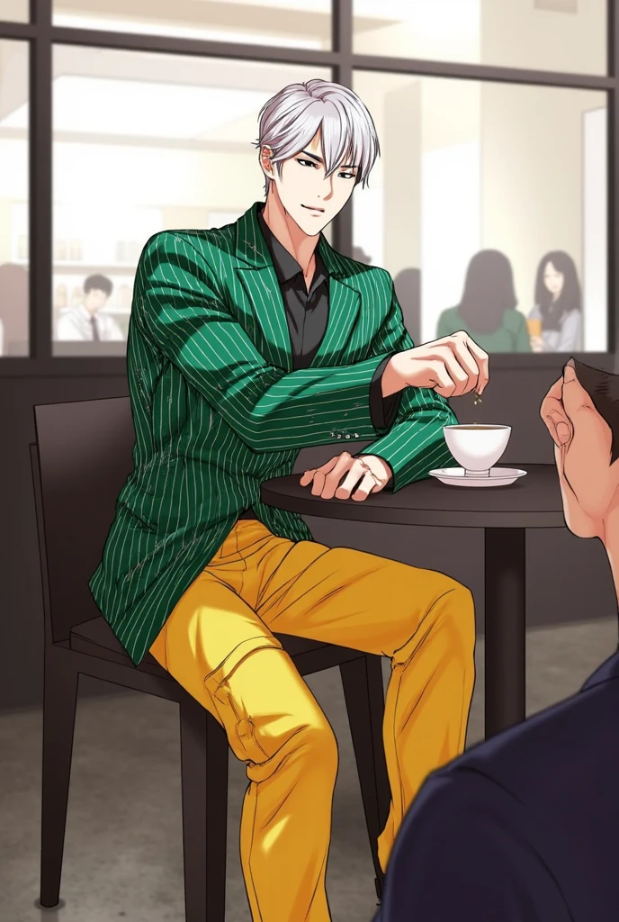 Jisung Ahn: A stylish animated character with silver hair, wearing a green stripes patterned business suit and a long loose yellow cargo pants. The background is a Café. He is stirring his coffee with a spoon while sitting, Pov perspective , His expression is very serious and is talking to the cameraman, he has white patterns on his business suit. Starbucks, manhwa panel, manhwa art, webtoon art, anime, webtoon panel, webtoon, manhwa artstyle