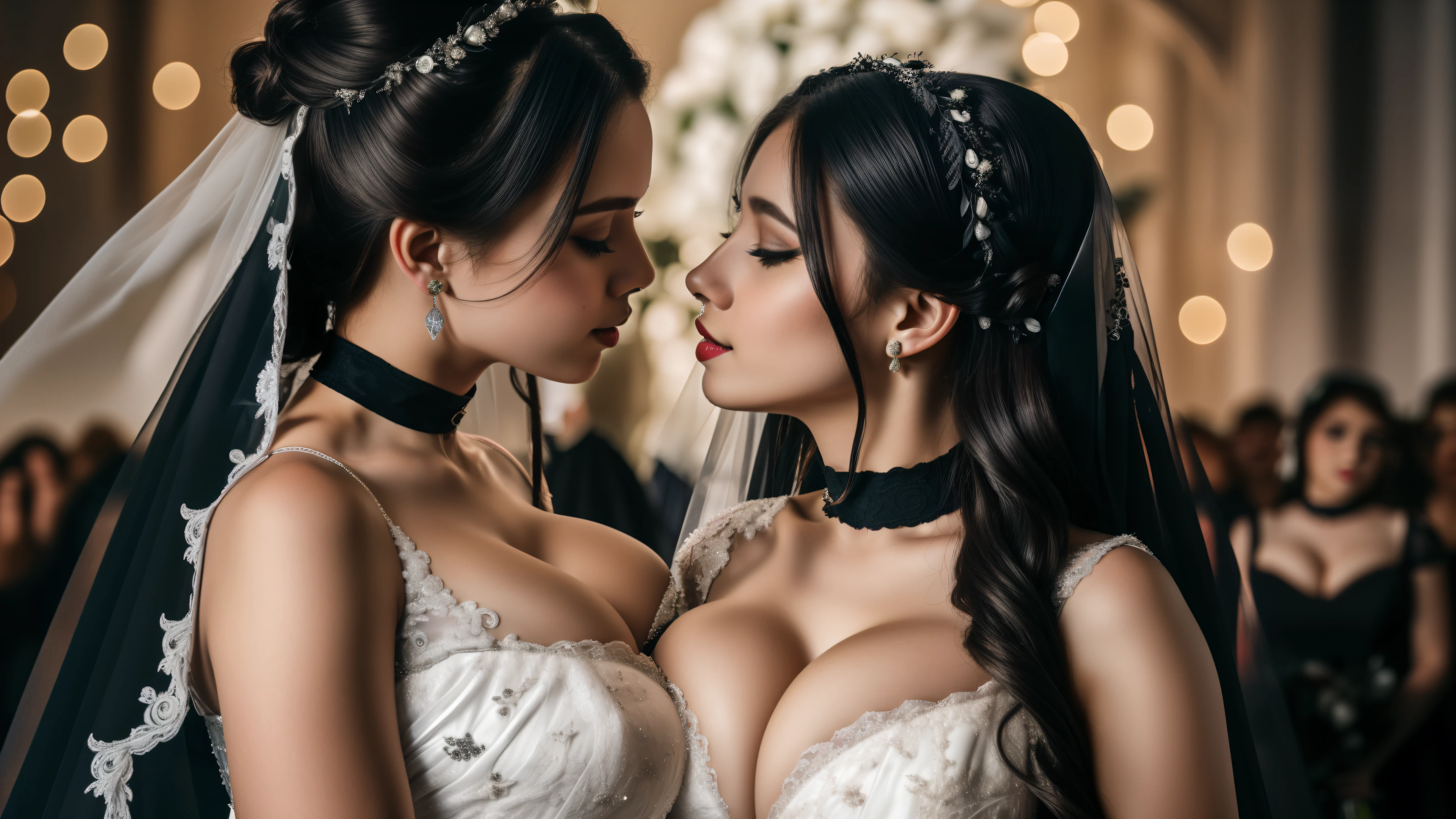 Fotografia hiper-realista, duas mulheres beijando em vestidos de noiva brancos sujos de lama, Peitos grandes, peito perfeito, cabelo castanho longo, jumbo dekolty, big tits, nipples, nudes, nsfw, vestida de noiva, casamento de 2 mulheres, noivas, casamento campo, rustic wedding