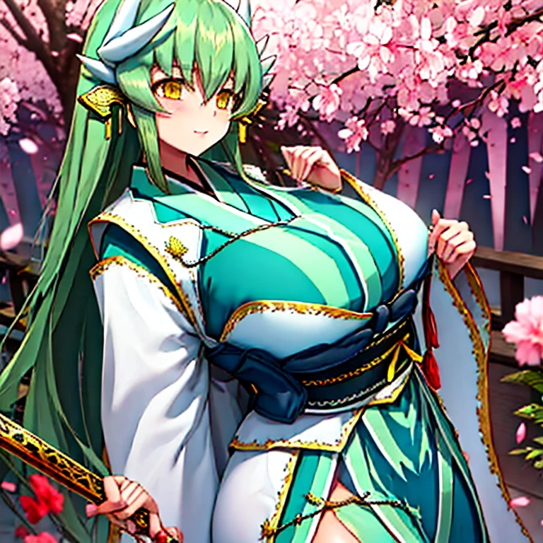 Fate/Grand order, kiyohime, long green hairs, yellow eyes,wears kimono,big breasts,shortstuck, ((highest quality)), ((masterpiece)), (detailed), Perfect Face,Gigantic breasts,white horns, top quality, ultra detail, Photorealistic : 1.39) masterpiece, top quality,short hight, **li, cute, anime cartoon, sexy,overwhelming breasts