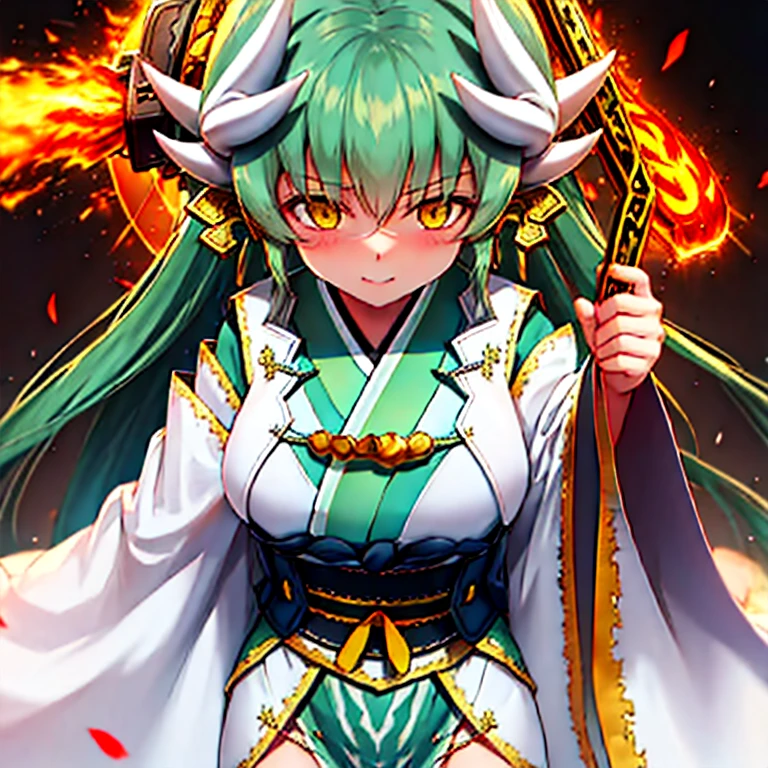 Fate/Grand order, kiyohime, long green hairs, yellow eyes,wears kimono,big breasts,shortstuck, ((highest quality)), ((masterpiece)), (detailed), Perfect Face,Gigantic breasts,white horns, top quality, ultra detail, Photorealistic : 1.39) masterpiece, top quality,short hight, li, cute, anime cartoon, sexy,overwhelming breasts