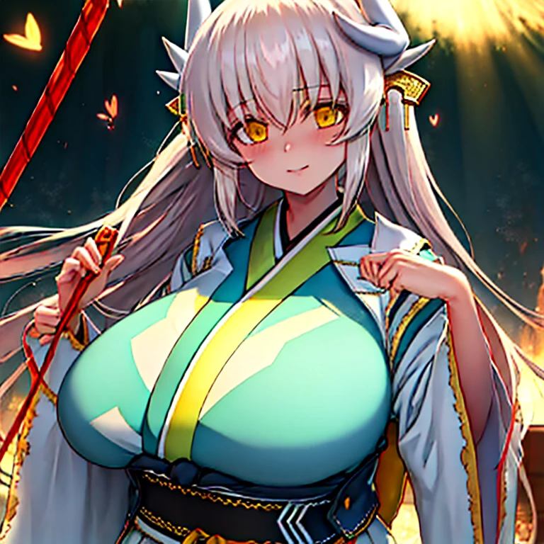 Fate/Grand order, kiyohime, long green hairs, yellow eyes,wears kimono,big breasts,shortstuck, ((highest quality)), ((masterpiece)), (detailed), Perfect Face,Gigantic breasts,white horns, top quality, ultra detail, Photorealistic : 1.39) masterpiece, top quality,short hight, li, cute, anime cartoon, sexy,overwhelming breasts