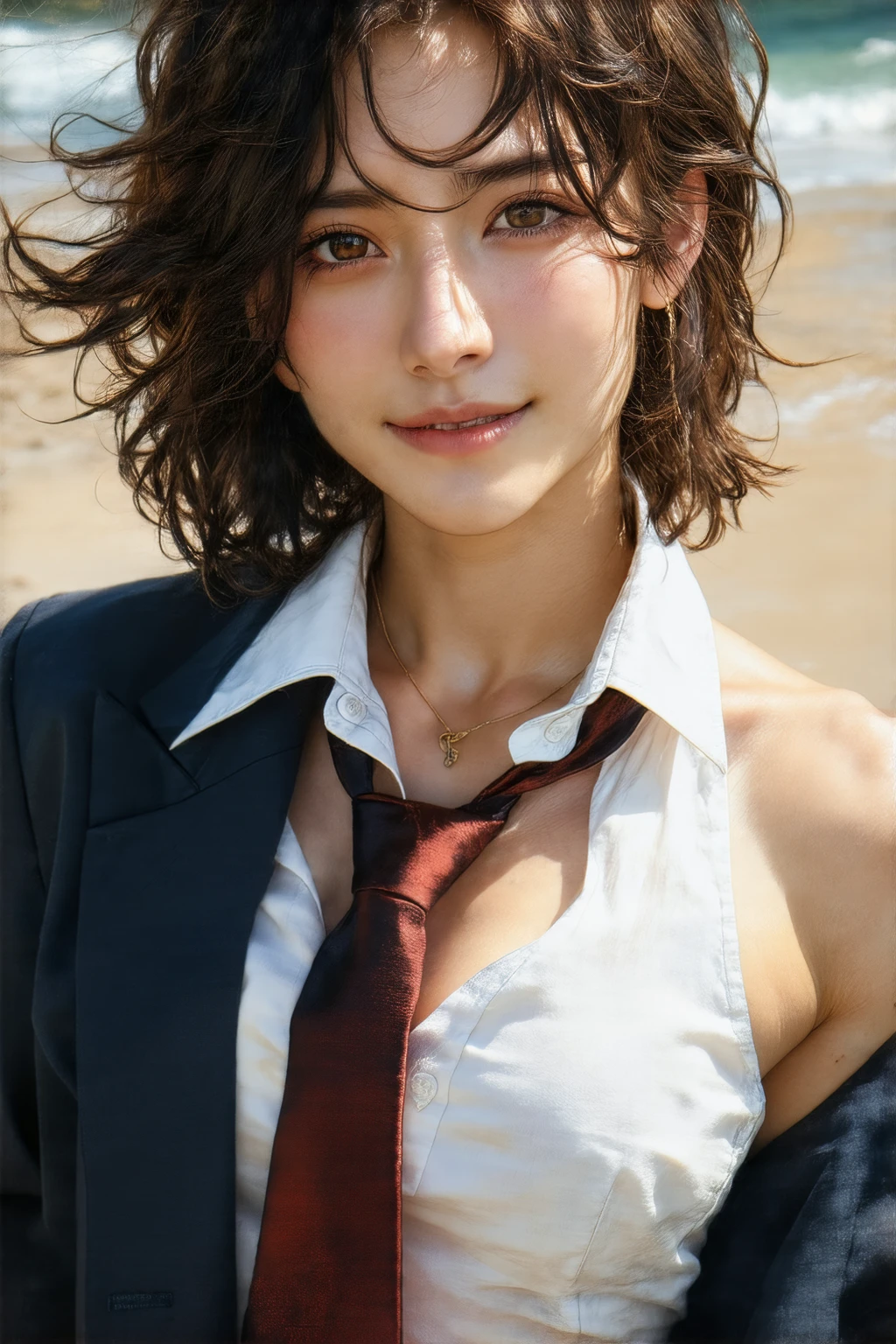      1 girl,18-year-old girl,((   topless、Nipples,naked:1.3)),   cowboy shooting , (         white shirt with red tie         ,      wearing a dark blue jacket    :1.2),         Extremely Beautiful Portraits of Japanese Idols   , 
(     RAW photos  ,   top quality  ), (    realistic   ,     realistic   :1.4), (Masterpiece), 
     very delicate and beautiful   ,   Multiple people    、   Highly Detailed Appearance     , 2k wallpaper,      amazing on the beach, finely,   Multiple people    、   Highly Detailed Appearance      CG Unity 8K wallpaper,   Multiple people    、   Highly Detailed Appearance     ,     portable    , Soft light, 
   Every detail of a beautiful girl ,   Multiple people    、   Highly Detailed Appearance     目と顔,  Beautiful and refined nose,  Delicate Eyes  ,   movie lights, 
(  simple,    Light Background     :1.3),
(     short hair ), (bangs), 
     COMPLETE ANATOMY     ,     slender body,      small breasts, smile