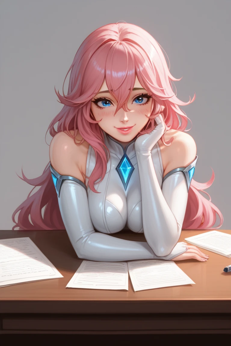 1 normal girl, 4k, HDR,  long hair, ultra cute face, beautiful lights and shadows, ultra detailed, 1girl, Solo, Breasts, Blue Eyes, Long Hot Pink Hair, Long Layers,Bangs, Hair Between Eyes, Messy Hair, Hair Over Shoulders, Accurate, Blush, Smile, Pink Lips, Wearing full body suit, Sexy Pose, Simple background, Bend over desk,  Seductive Smile, Shy, Naughty, Submissive, League of Legends, Accurate, Anatomically Correct, Detail, High Quality