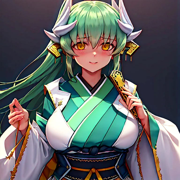 Fate/Grand order, kiyohime, long green hairs, yellow eyes,wears kimono,big breasts,shortstuck, ((highest quality)), ((masterpiece)), (detailed), Perfect Face,Gigantic breasts,white horns, top quality, ultra detail, Photorealistic : 1.39) masterpiece, top quality,short hight, li, cute, anime cartoon, sexy,overwhelming breasts