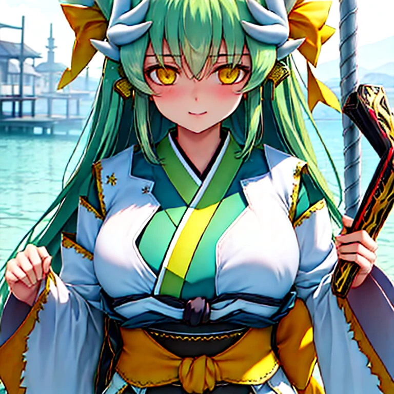 Fate/Grand order, kiyohime, long green hairs, yellow eyes,wears kimono,big breasts,shortstuck, ((highest quality)), ((masterpiece)), (detailed), Perfect Face,Gigantic breasts,white horns, top quality, ultra detail, Photorealistic : 1.39) masterpiece, top quality,short hight, **li, cute, anime cartoon, sexy,overwhelming breasts