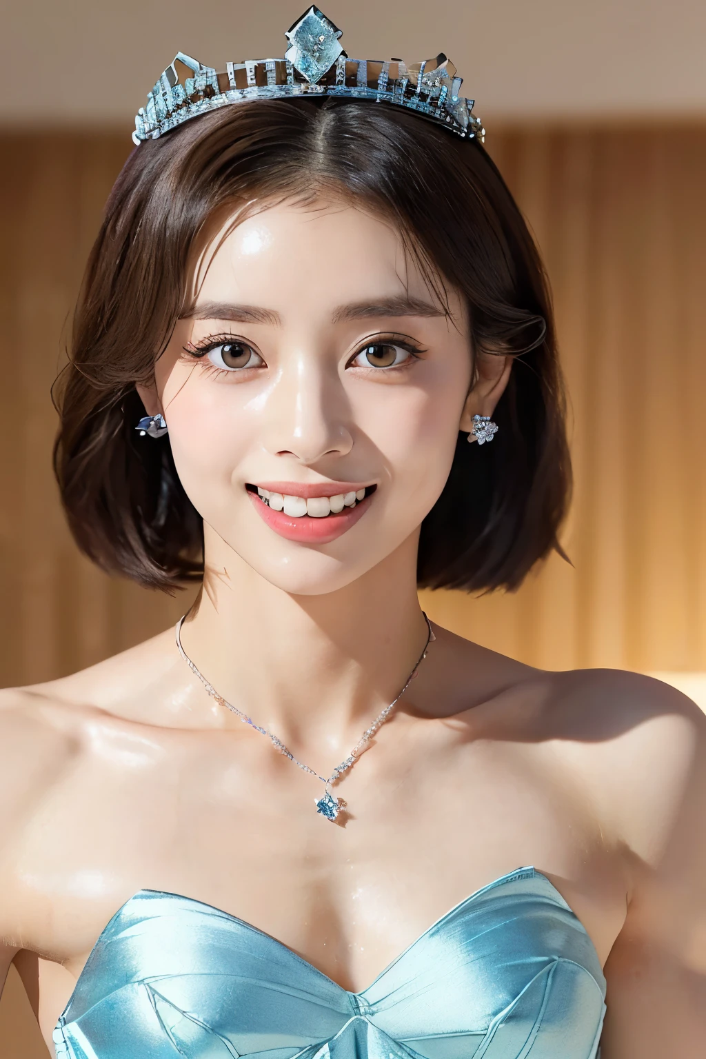 (masterpiece:1.4)),(best quality:1.4),(ultra-detailed:1.4),(unity 8k wallpaper:1.4)(( top quality )),(( realistic details from blow , table top in bed:1.0, high res:1.3, realistic :1.4,8k, RAW photos :1.23)),(( 1 very thin 18-year-old Japanese beauty with very small breasts :1.2675)), beautiful symmetrical detailed black eyes :1.24, wearing luxurious earrings, necklace, and ring {x} simple and very beautiful gorgeous makeup:1.27,((smile:1.22, happy expression:1.36, beautiful teeth alignment at volcanoes:1.29,)),((Shiny Tiara:1.2,Shiny brown hair:1.4, arranged long hair :1.32,bangs:1.25)),(Thin, slightly thin, thin eyebrows:1.22),( shiny detailed fair skin :1.24,oily skin:1.3),(((A luxurious award ceremony :1.65)),(((see here:1.23, Super close-up of a face showing only the upper body:1.85))), movie lighting:1.2, spotlights from the front and bottom :1.2,(((super tight princess dress :1.24, shiny light blue satin fabric :1.45)),((tall, very slender body :1.74)),(((Fine abdominal muscles:1.55))),((( very small breasts with no bulge:1.85))),(Broad shoulders:1.32),((Very thin thighs:1.89)),(( tight little butt:1.42)),(( Slim waist:1.35,Short, narrow waist:1.35)),((顔がよく見えるCenter composition from the front:1.5)),( perfect beautiful face with simple and very beautiful gorgeous makeup :1.25),