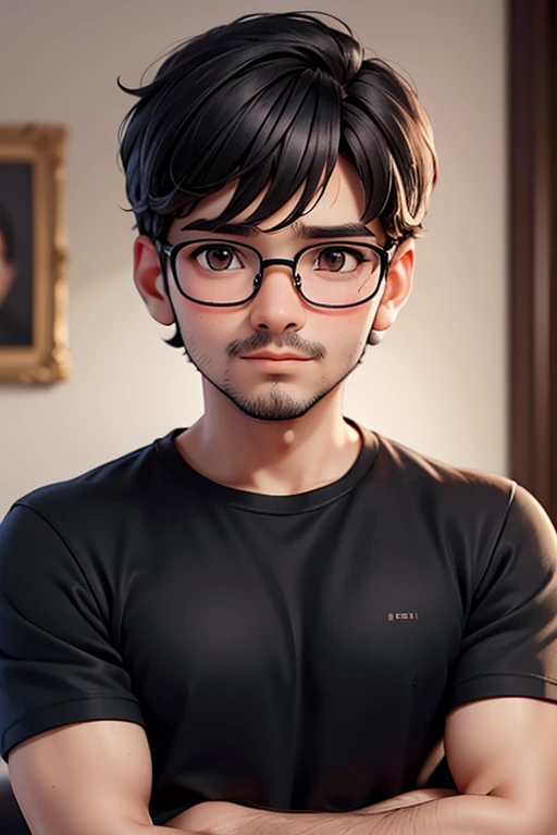 man , maduro , 37 years old ,   short black hair   ,   expressive dark brown eyes   , black skin ,  eyeglasses  ,  unprinted black t-shirt  ,   turning to the viewer  ,  looking forward ,   looking at the spectator  , portrait ,   masterpiece   ,   ultra detailed lingerie top ,   masterpiece    