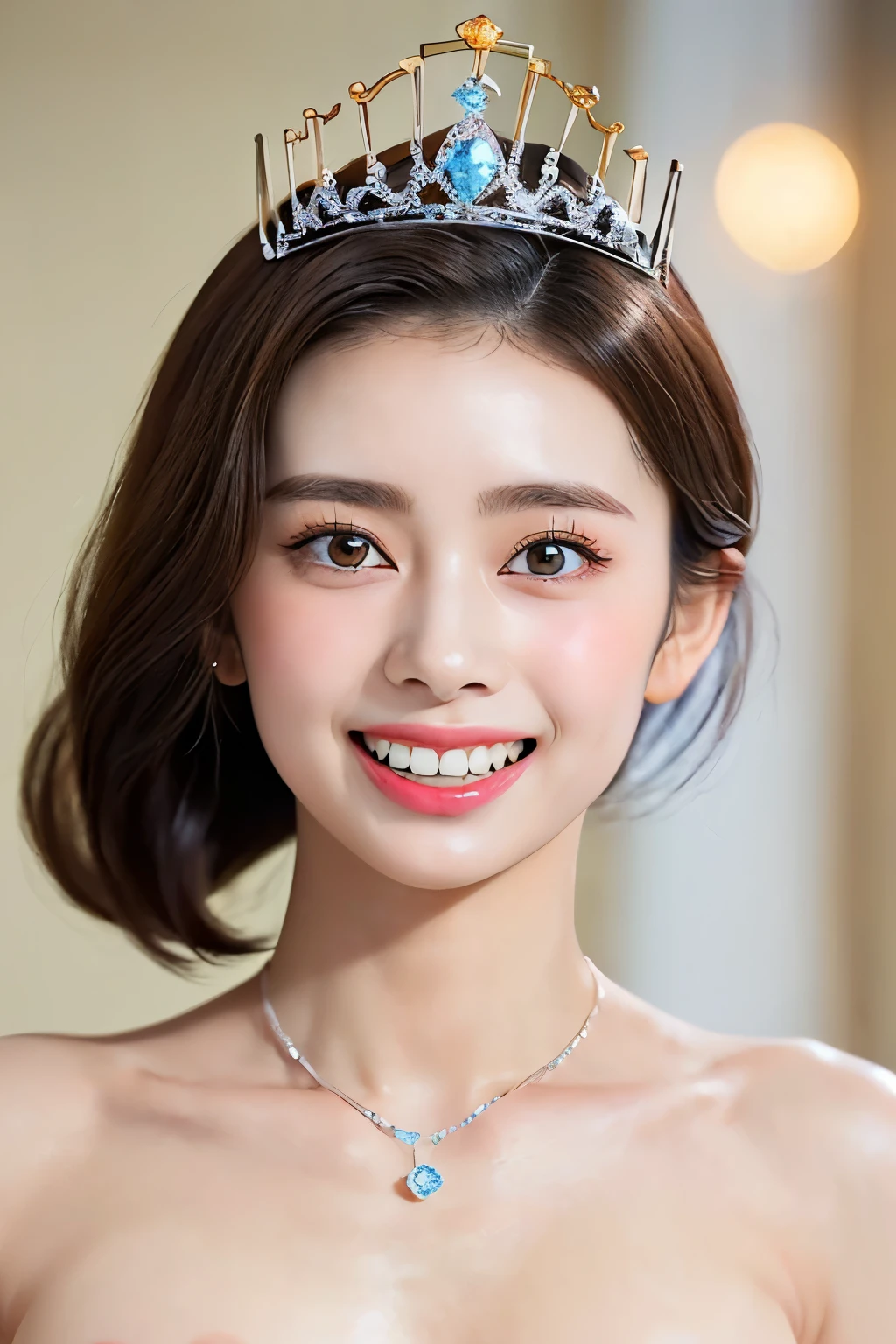 (masterpiece:1.4)),(best quality:1.4),(ultra-detailed:1.4),(unity 8k wallpaper:1.4)(( top quality )),(( realistic details from blow , table top in bed:1.0, high res:1.3, realistic :1.4,8k, RAW photos :1.23)),(( 1 very thin 18-year-old 細いJapanese beauty with very small breasts :1.2675)), beautiful symmetrical detailed black eyes :1.24, wearing luxurious earrings, necklace, and ring {x} simple and very beautiful gorgeous makeup:1.27,((smile:1.22, happy expression:1.36, beautiful teeth alignment at volcanoes:1.29,)),((Shiny Tiara:1.2,Shiny brown hair:1.4, arranged long hair :1.32,bangs:1.25)),(Thin, slightly thin, thin eyebrows:1.22),( shiny detailed fair skin :1.24,oily skin:1.3),(((A luxurious award ceremony :1.65)),(((see here:1.23, super close up shot of her face :1.78, upper body only shot:1.75))), movie lighting:1.2, spotlights from the front and bottom :1.2,(((Completely naked:2, full nude:2)),((tall, very slender body :1.74)),(((Fine abdominal muscles:1.55))),((( very small breasts with no bulge:1.75))),(Broad shoulders:1.32),((Very thin thighs:1.9)),(( tight little butt:1.42)),(( Slim waist:1.35,Short, narrow waist:1.35)),(Center composition from the front:1.35),( perfect beautiful face with simple and very beautiful gorgeous makeup :1.25),((Very Detailed Nipples and Very Small Areolas :1.26))