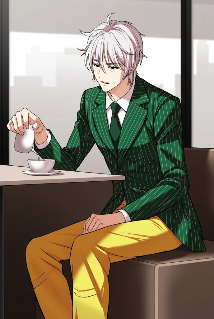 Jisung Ahn: A stylish animated character with silver hair, wearing a green stripes patterned business suit and a long loose yellow cargo pants. The background is a Café. He is stirring his coffee with a spoon while sitting, Pov perspective , His expression is very serious and is talking to the cameraman, he has white patterns on his business suit. Starbucks, manhwa panel, manhwa art, webtoon art, anime, webtoon panel, webtoon, manhwa artstyle