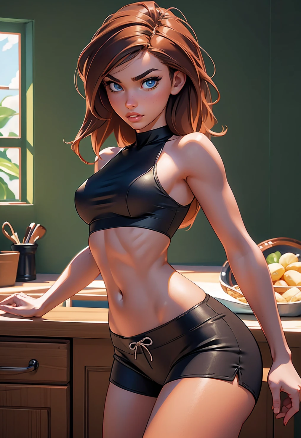 Masterpiece, raw, beautiful art, professional artist, 8k, very detailed face, very detailed hair, 1girl, Kim Possible, wearing tight pajama shorts and tight pajama halter top, leaning her sexy ass against kitchen counter, perfectly drawn body, beautiful face, long hair, very detailed eyes, biting her lip suggestively, rosey cheeks, intricate details in eyes, looking straight at viewer , in love with viewer expression, puckered lips, perfect fit body, wide hips, small waist, thick thighs, firm abs, beautiful body, extremely detailed, intricate details, highly detailed, sharp focus, detailed skin, realistic skin texture, texture, detailed eyes, high resolution, kodak vision color, foto_\(ultra\), post-processing, maximum detail, roughness, real life, ultra realistic, photorealism, photography, absurdres, RAW photo, highest quality, high detail RAW color photo, professional photo, extremely detailed UHD 8k wallpaper unit, best quality, highres, (masterpiece, top quality, high resolution:1.4), photo, cinematic, film grain, sharp, soft natural light, magic photography, super detailed