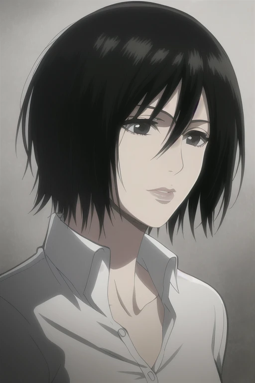 1 girl, mikasa ackerman, ( black hair:1.3),  yukiwo style ,  short hair, sideburns,  gray eyes, Lips, neckline,  close, Alone, Lips,,  masterpiece,  better quality,